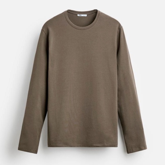 Zara brown taupe stretchy long sleeve basic tee NWT - Picture 1 of 5